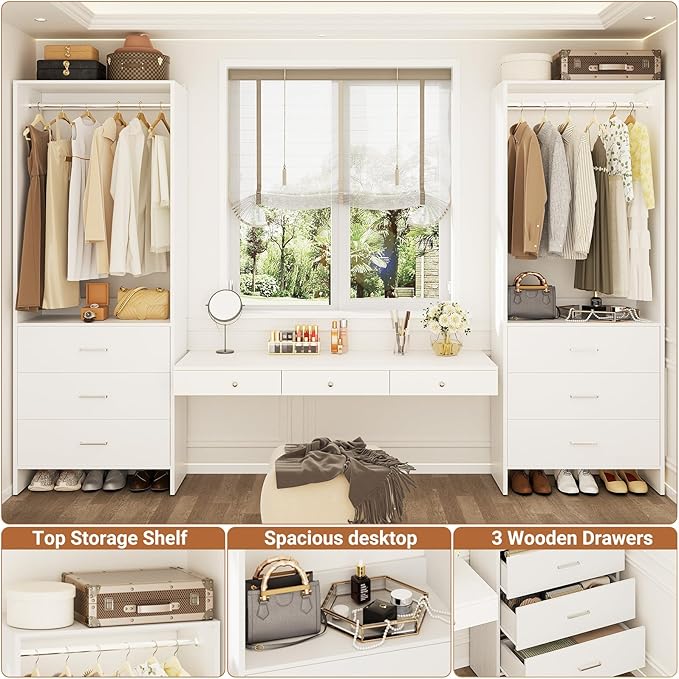 Aheaplus Closet System Closet Organizer, Wood Closet Organizer System, Walk-in Closet or Small Closets Wardrobe, Clothes Rack with Hanging Rods, 4FT Closets, Set of 2, White