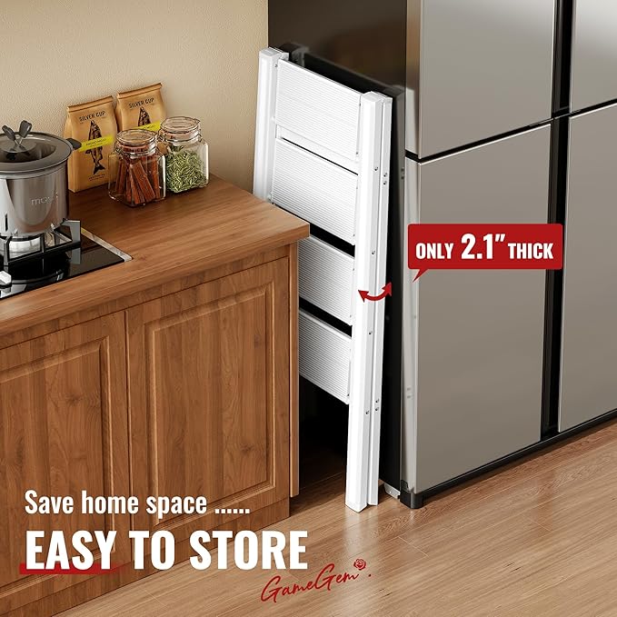 GameGem 4 Step Ladder, Aluminum Folding Step Stool with Anti-Slip Sturdy and Wide Pedal, Lightweight Portable Stepladder for Home and Kitchen Use, Cream White, 330 lbs