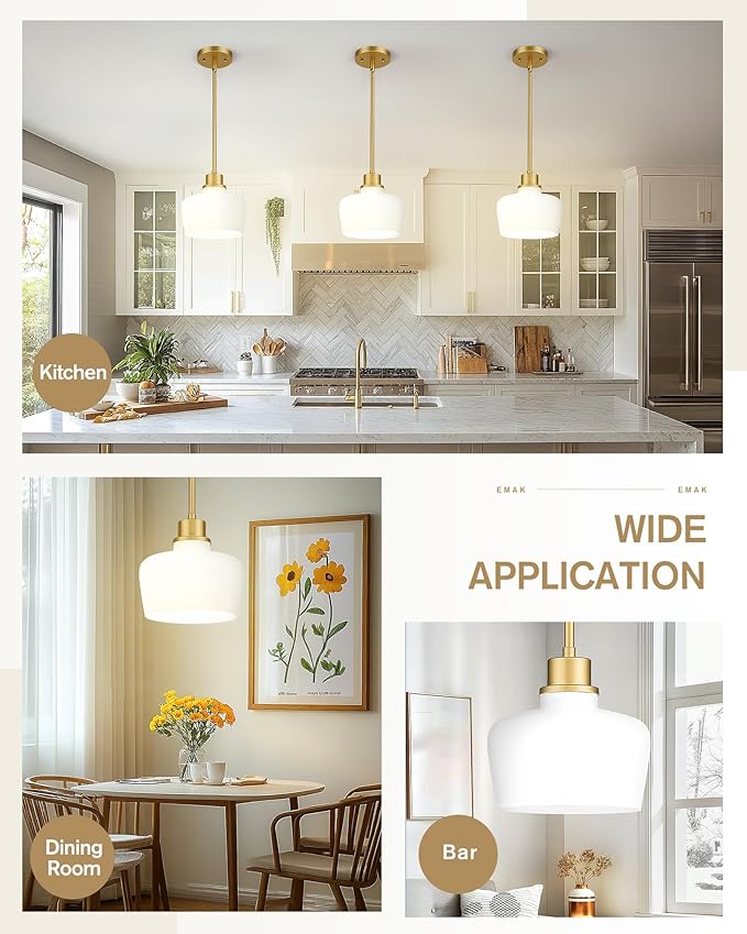 Emak Gold Pendant Lights Kitchen Island, 10 Inch Large Pendant Light with Milk Glass Shade, Modern Hanging Light Fixture for Kitchen, Dining Room, PL126-GD-ML