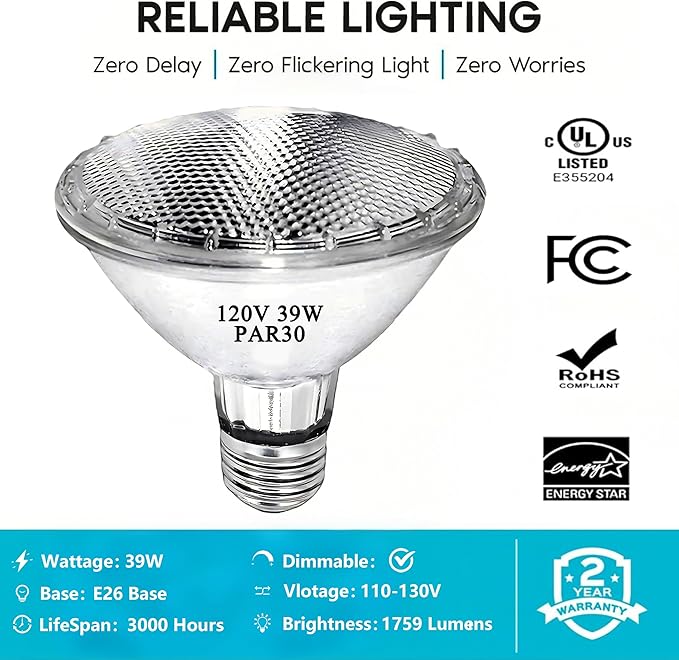 PAR30 Short Neck Halogen Flood Light Bulbs, 120V 39W PAR30 Light Bulb, Dimmable, High Output, E26 Medium Base, 2700K Warm Lighting, 3000 Hours for Recessed Light Bulb(6 Pack)