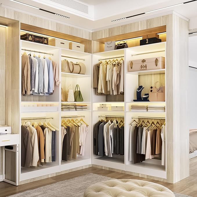 Unikito 100” Closet System, 8.3FT Wood Closet Storage Organizer with 8 Hanging Rods, Adjustable Large Walk in Wardrobe Closet Tower, Sturdy Clothes Garment Rack, Easy Assembly, Set of 4, White