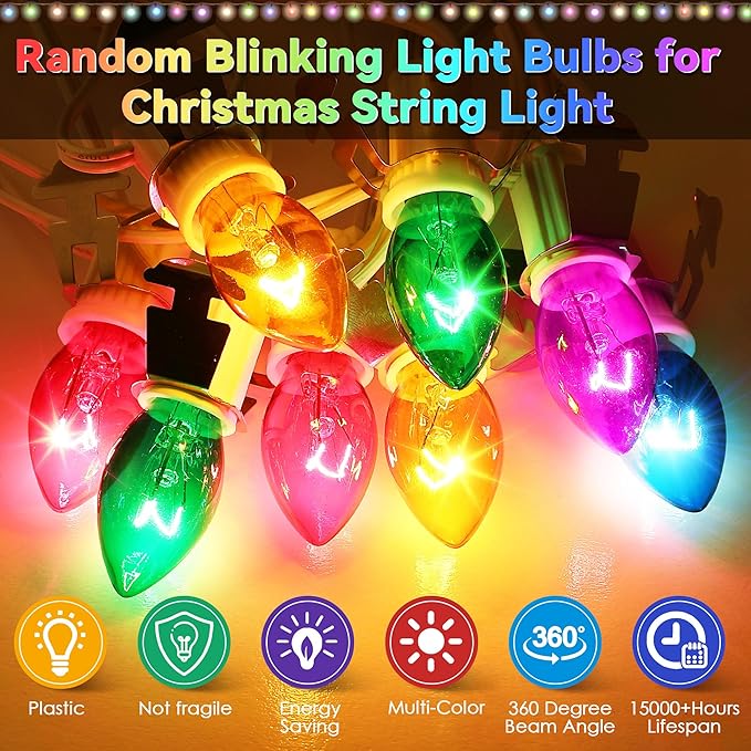 25 Pack Twinkle Christmas Replacement Bulbs, 7W Random Blinking Light Bulbs for Christmas String Light, Nightlights (Colorful,C7,E12 Intermediate Base)