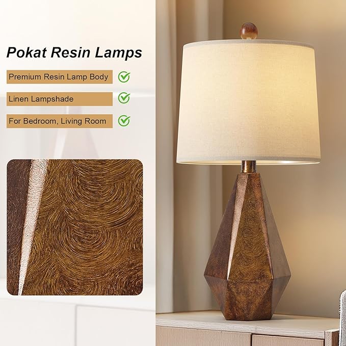 PoKat 20.25" Farmhouse Table Lamps Set of 2 for Night Stands, Vintage Bedroom Lamps for Bedroom Living Room, Retro Bedside Lamps for End Table, Suitable for Small Place, Retro Sweep Gold