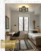 Rattan Light Fixtures Ceiling Mount, 4-Light 14" Boho Semi Flush Mount Ceiling Light with Hand-Woven Shade in Quatrefoil Shape for Kitchen Nursery Bedroom Hallway, Black, AD-22007-4SF-RA-BK