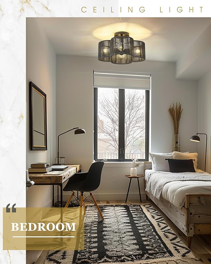 Rattan Light Fixtures Ceiling Mount, 4-Light 14" Boho Semi Flush Mount Ceiling Light with Hand-Woven Shade in Quatrefoil Shape for Kitchen Nursery Bedroom Hallway, Black, AD-22007-4SF-RA-BK