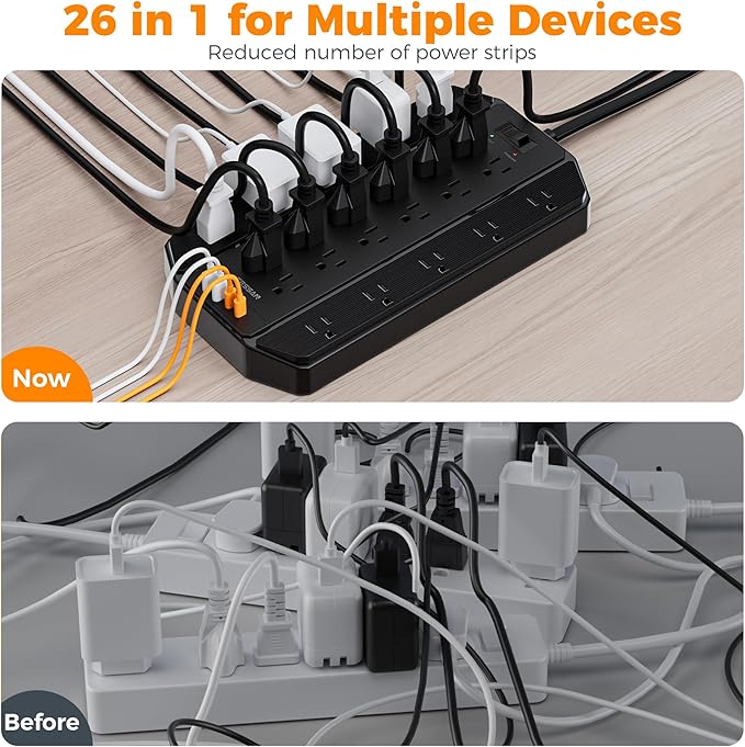 TESSAN 22 Outlets Large Power Strip with 4 USB Ports (2 USB C), 15FT Heavy Duty Extension Cord with Multiple Outlets, 4000 Joules Surge Protection, Wall Mountable for Gaming, Office, Home, Black