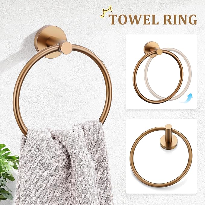 TURS Brushed Rose Gold 5 Piece Bathroom Hardware Set, SUS304 Stainless Steel 23.6 Inch Bath Towel Bar Set, Round Bathroom Accessories Kit Wall Mounted