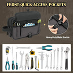 Small Canvas Tool Pouch with Zipper, 12 Inch Tool Organizer Bag, Double Layer Utility Storage Bag with Shoulder Strap for Electrician, Black/Gray (Empty Bag)