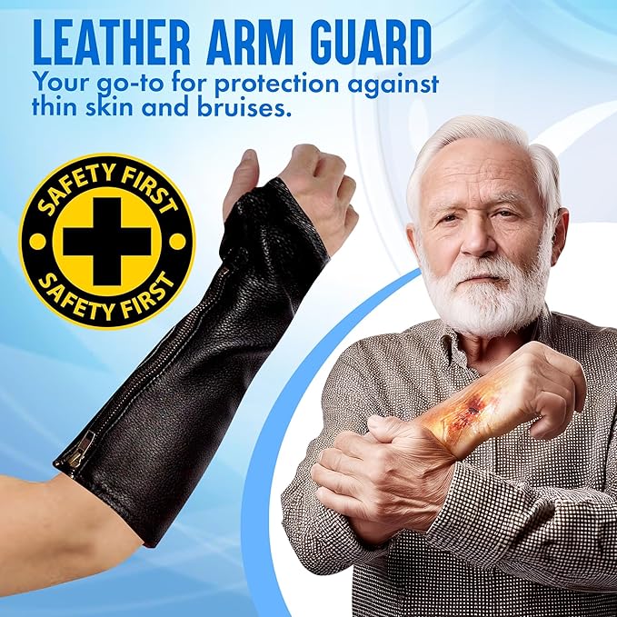 Arm Chaps Leather Protective Sleeves Arm Guard - Prevent Cuts, Scratches & Bruises - Genuine Cowhide - Ideal for Gardening & Construction - Left & Right Form-Fitting. Black (1 Pair/Large).