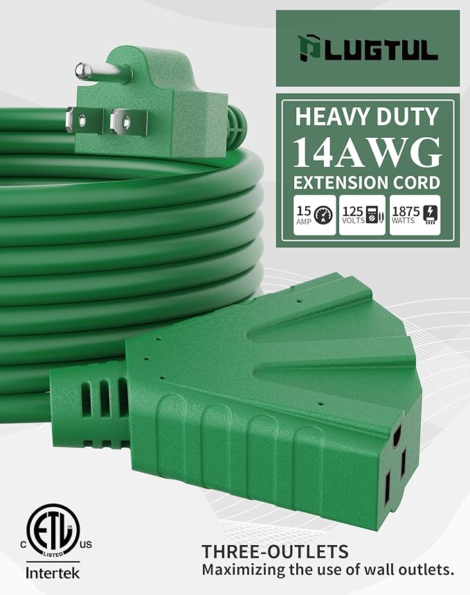 PLUGTUL 10FT Outdoor Extension Cord with Multiple Outlets, 14 Gauge, 3-Outlet, SJTW, 15A 14AWG 1875W SJTW, ETL Listed - Great for Christmas Decoration Lights, Green