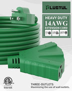 PLUGTUL 10FT Outdoor Extension Cord with Multiple Outlets, 14 Gauge, 3-Outlet, SJTW, 15A 14AWG 1875W SJTW, ETL Listed - Great for Christmas Decoration Lights, Green