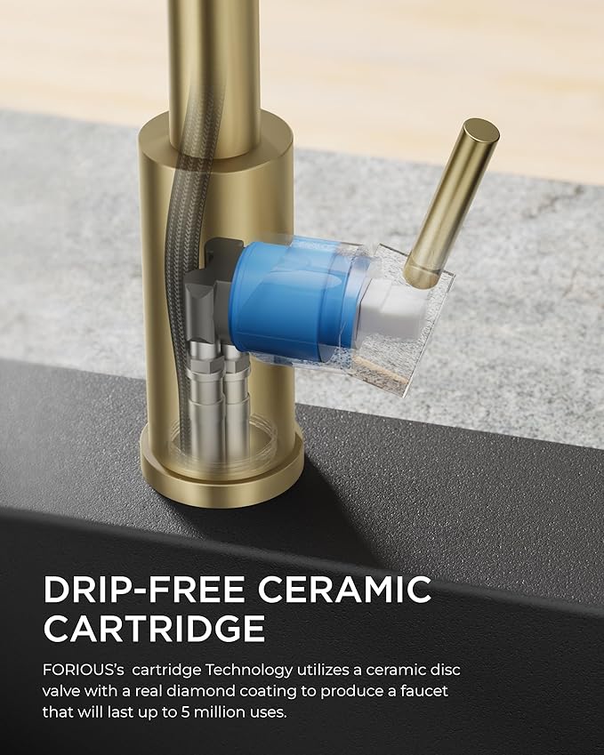 FORIOUS Gold Kitchen Faucet with Pull Down Sprayer, Stainless Steel Commercial Single Handle Classic Spring Pull Out Sink Faucet for Pot Filler, Farmhouse Camper Bar Laundry Room