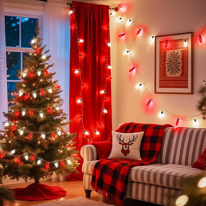 Brightown C9 LED Replacement Christmas Bulbs, 25 Pack Red and White Shatterproof C9 Bulbs, Waterproof Commercial LED Holiday Bulb for Christmas String Light, E17 Intermediate Base, Dimmable