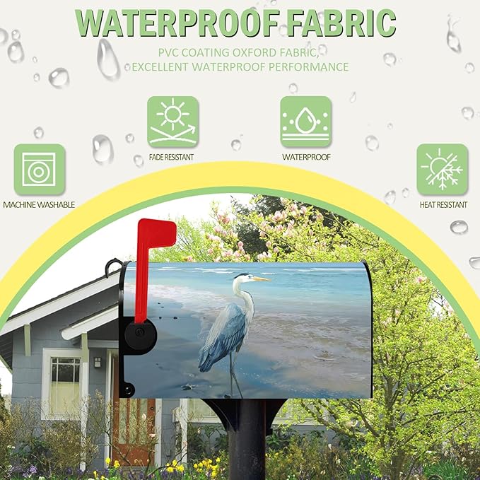 Heron Beach Mailbox Covers Summer Nautical Blue Mailbox Cover Magnetic Standard Size 21x18 Inch Coastal Sea Bird Letter Post Box Wraps Decor for Garden Yard