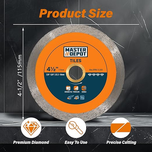 4-1/2" Continuous Rim Diamond Blade, Cutting Blade for Ceramic and Granite Tiles, Wet Cutting Blade, 4.5" x10mmx7/8-5/8 (3 Pack)