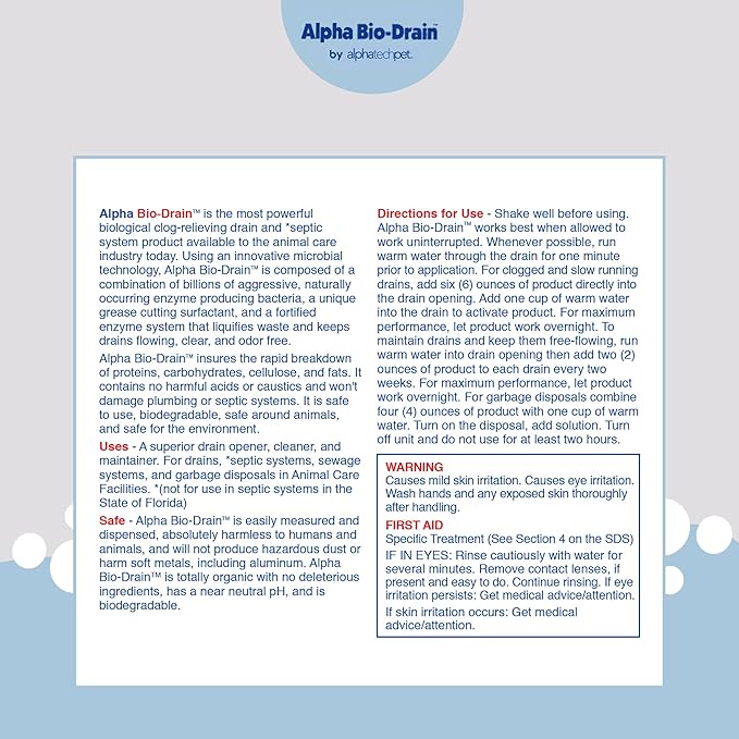 ALPHA BIO-DRAIN - Enzyme-Based Maintenance to Help Prevent Clogs and Reduce Odors from Pet Waste, Grease, Hair in Drains and Septic Systems - ½ Gallon by Alpha Tech Pet