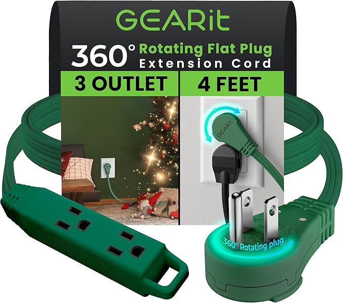GEARit 360 Rotating Flat Plug Short Extension Cord with 3 Outlets (4ft, Green) 16AWG/13A 3 Prong Wire, Outlet Saver for Home Office Dorm Room Essentials, ETL Certified