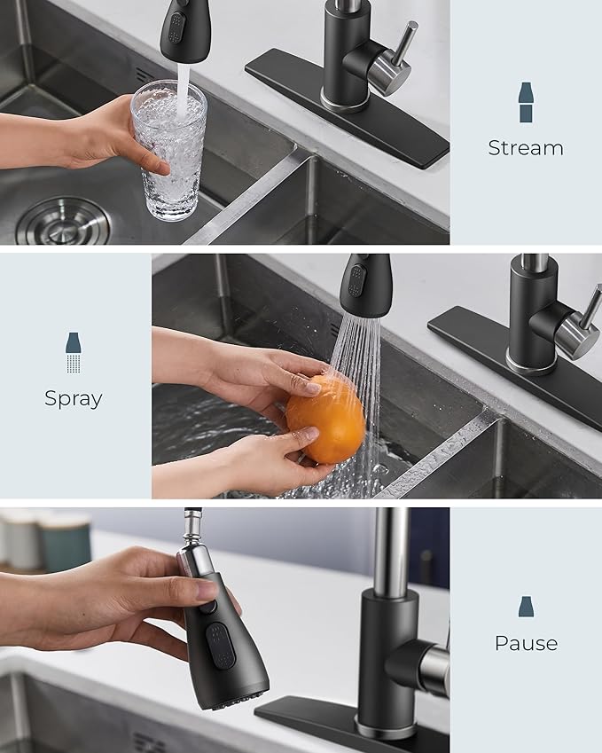 FORIOUS Kitchen Faucets with Pull Down Sprayer, High Arc Single Handle Classic Stainless Steel Sink Faucet 1 or 3 Hole, Suitable for Farmhouse Camper Laundry Rv Bar, Black Brushed