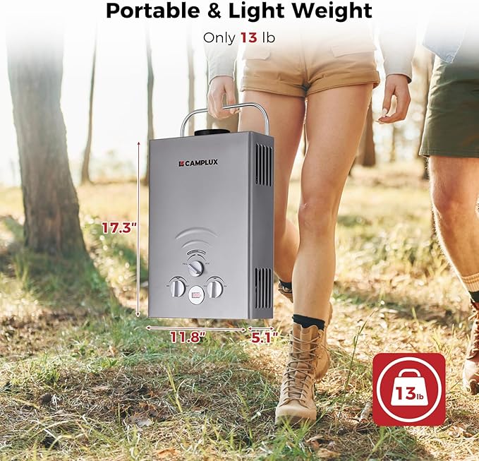 CAMPLUX Portable Water Heater 1.58 GPM, BW158G Propane Water Heater Outdoor, 41,000 BTU, Camping Shower, Easy to Install, Gray
