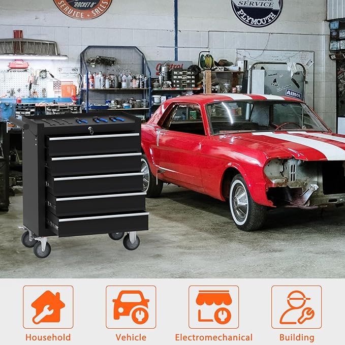 5-Drawer Rolling Tool Chest, Tool Box with 4 Wheels and Drawers, High Capacity Detachable Mobile Tool Storage Cabinet for Garage, Workshop, Mechanics and Repair Room (Black)