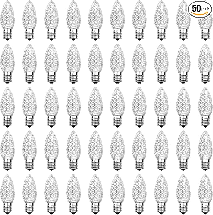 Meconard C9 Led Replacement Christmas Light Bulbs, C9 Shatterproof Led Bulbs for Christmas Indoor Outdoor String Lights, E17 Intermediate Base, Commercial Grade Holiday Bulbs, Cool White, 50Pack