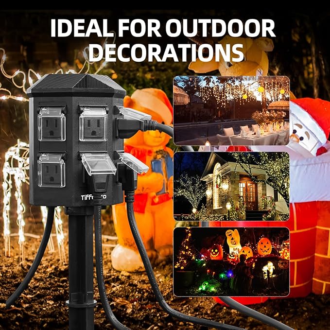 TiFFCOFiO Outdoor Power Stake Timer, 100FT Remote Control, Dusk to Dawn Christmas Light Timer, 6FT Extension Cord Waterproof, 6 Grounded Outlets for Outdoor Christmas Decorations, ETL Listed