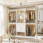 Unikito 75 Inch Closet System with 4 Drawers, 6.3FT Walk in Closet Organizer with Hanging Rods and Mirror Design, Reversible Large Closet Wardrobe with Shelves, Adjustable Closet Tower, White