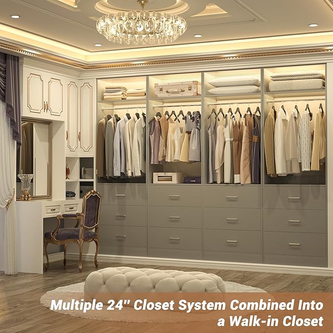Freestanding 2FT Closet System with 3 Wood Drawers, 24" Closet Organizer System with Hanging Rod & Shelves, Walk-in Closet Systems for Small Closets, Grey (24"L x 15" W x 80" H)