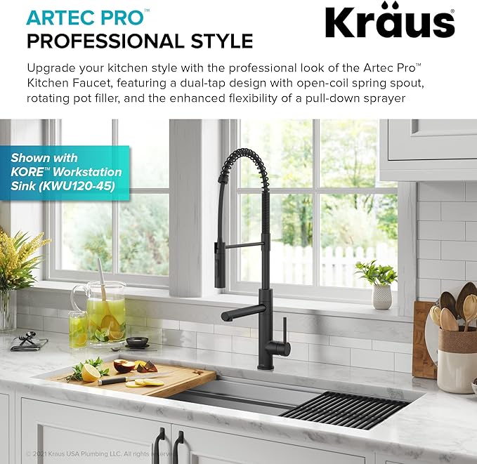 KRAUS Artec Pro Commercial Style Pull-Down Single Handle Kitchen Faucet with Pot Filler in Matte Black, KPF-1604MB
