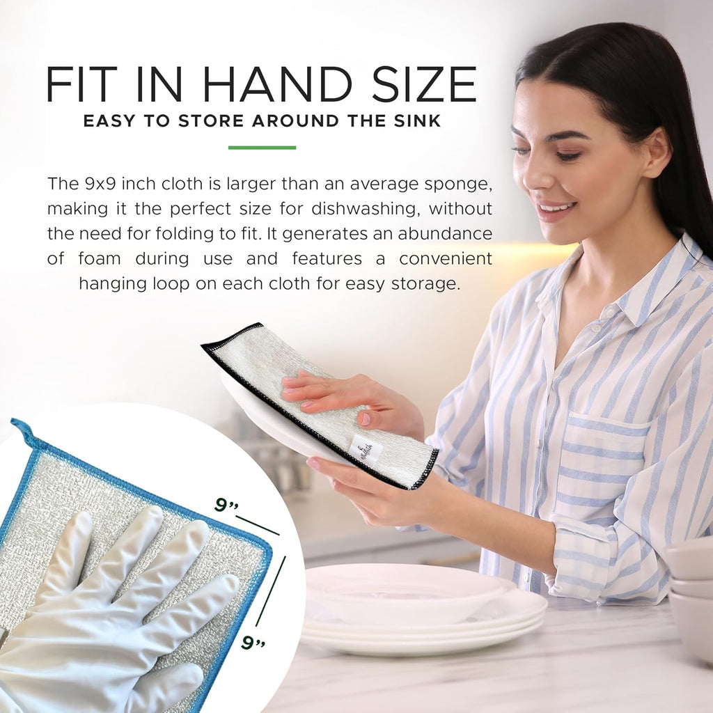 Whiffkitch Dishcloths Dishrags for Kitchen and Household Cleaning 9x9 6-Pack Non-Scratch 2-Ply Weave, Bamboo-Rayon Fabric, Absorbent, Washable, Long-Lasting