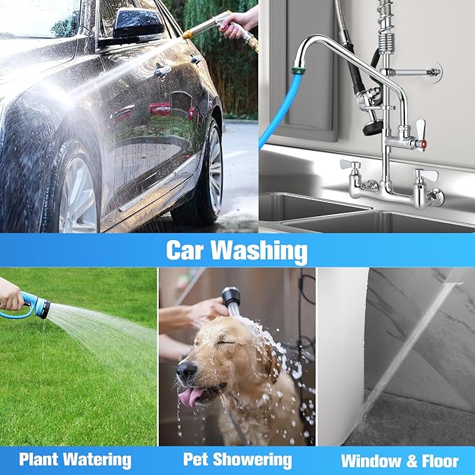 25" Height Commercial Faucet with Sprayer, Commercial Sink Faucet 8" Adjustable Center 12" Swing Spout, Commercial Wall Mount Faucet with Pre-Rinse Sprayer for Restaurant Industrial (25In)