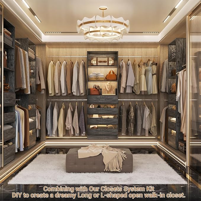 Aheaplus Closet System, 4-9Ft Organizer with 4 Wooden Drawers, Tower, Walk-in Wardrobe with 4 Hanging Rods, Black Oak