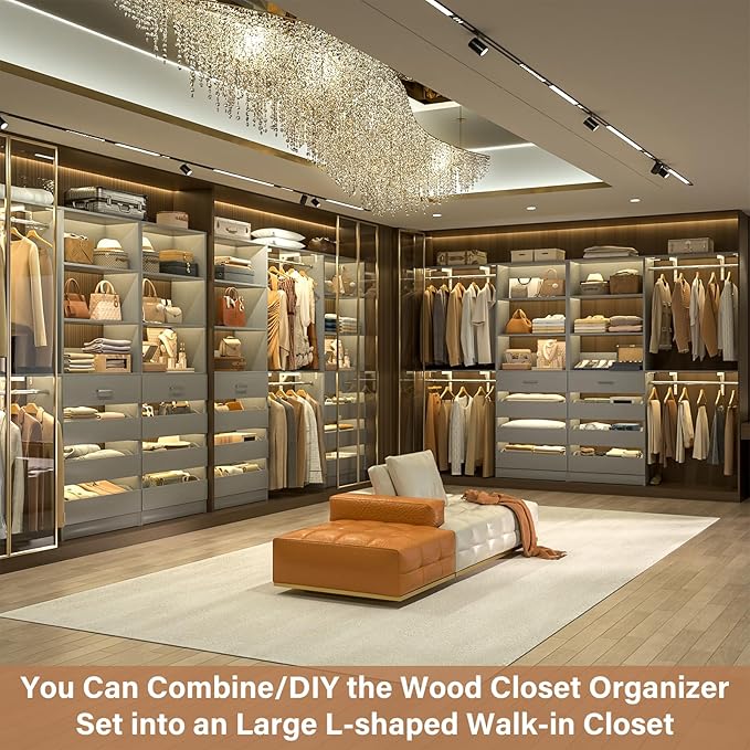 Aheaplus Closet System with 8 Wooden Drawers, Wood Closet Organizer System with Tower, Walk-in Closet Organizer Wardrobe Clothes Rack with 4 Hanging Rods, Garment Rack, Cut to Fit 7-12Ft, Grey