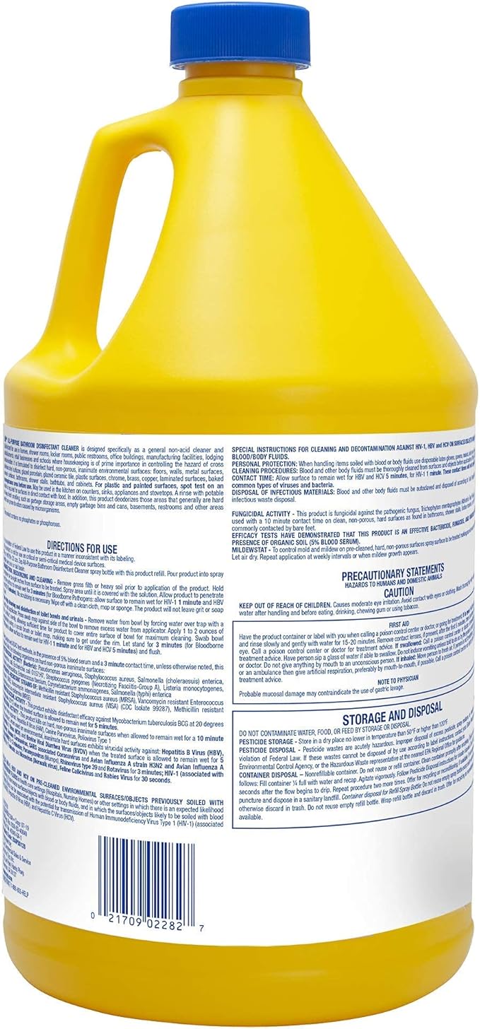 Zep All-Purpose Bathroom Disinfectant Cleaner - 1 Gallon (Case of 4) ZUAPBD128 - Virucidal, Fungicidal, Mildewstat, Kills 99.9 Percent of Germs in 60 Seconds