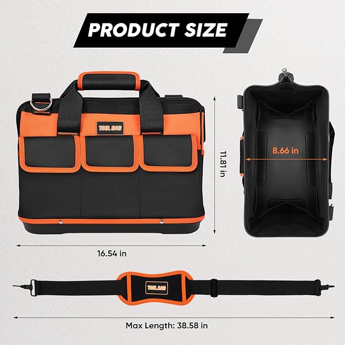 16 Inch Tool Bag Heavy Duty Tool Box Organizer, Portable Tool Organizers and Storage Bag, Tactical Toolbox with Anti-Slip Base & Adjustable Strap for Electrician, DIYer, HVAC, Mechanic