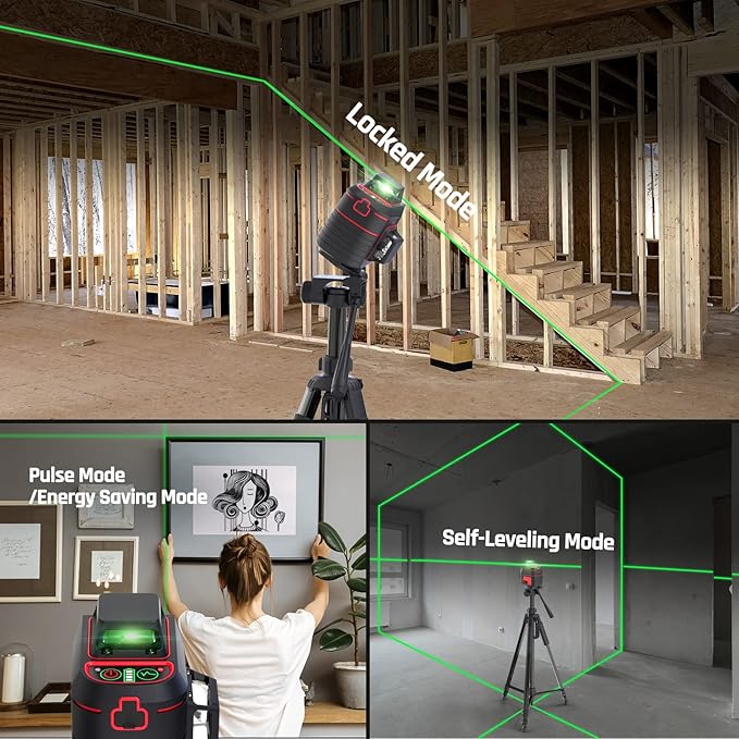 Self Leveling Laser Level 3x360° 3D Cross Line Rotary Lasers Green Beam, Pulse Mode Battery Indicator, USB Type-C Charging, 360° Adjustable Liftable Magnetic Base, Li-ion Battery