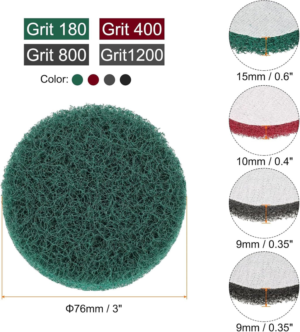 HARFINGTON 4pcs Scrubber Scouring Pads 180 400 800 1200 Grits 3 Inch Drill Power Brush Hoop and Loop Surface Conditioning Disc Drill Scuffing Disc Scrub Pads for Kitchen Cleaning, 4 Colors
