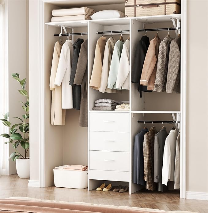 YOUDENOVA 5FT Closet System with 3 Drawers, 59 Inches Wood Closet Organizer System, Walk-in Closet Built In System Tower, Closet Wardrobe Clothes Garment Racks, White