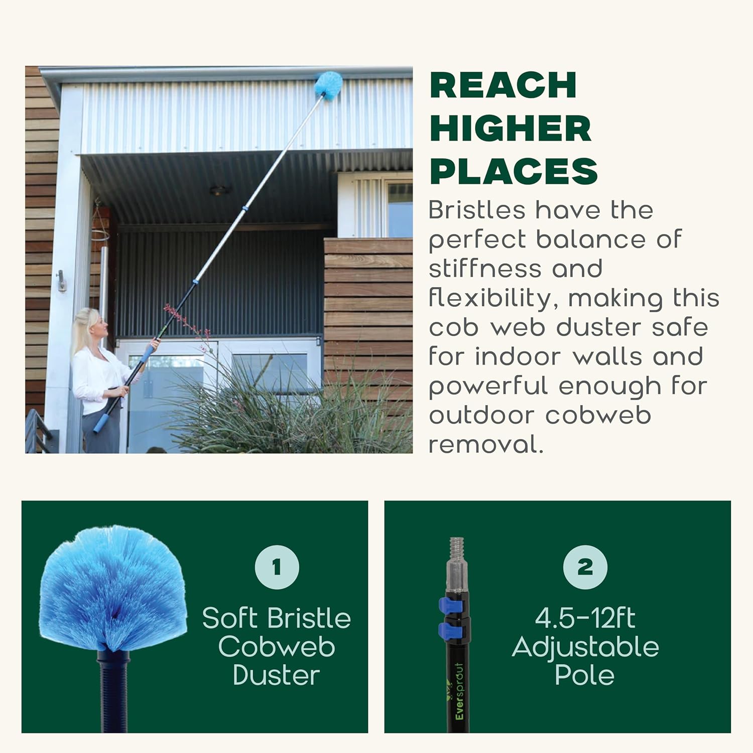 EVERSPROUT 5-to-12ft Telescoping Durable Duster with Extension Pole – Lightweight 3 Stage Cobweb Duster – Extendable to 20ft Reach for Cleaning High Ceilings and Spider Webs