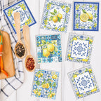 Blue Tiles Lemons Swedish Dishcloths, 6 Pack Reusable Swedish Dish Cloths for Kitchen, Washable Absorbent Dish Towel Rag Set Cellulose Sponge Cloths Housewarming Gifts