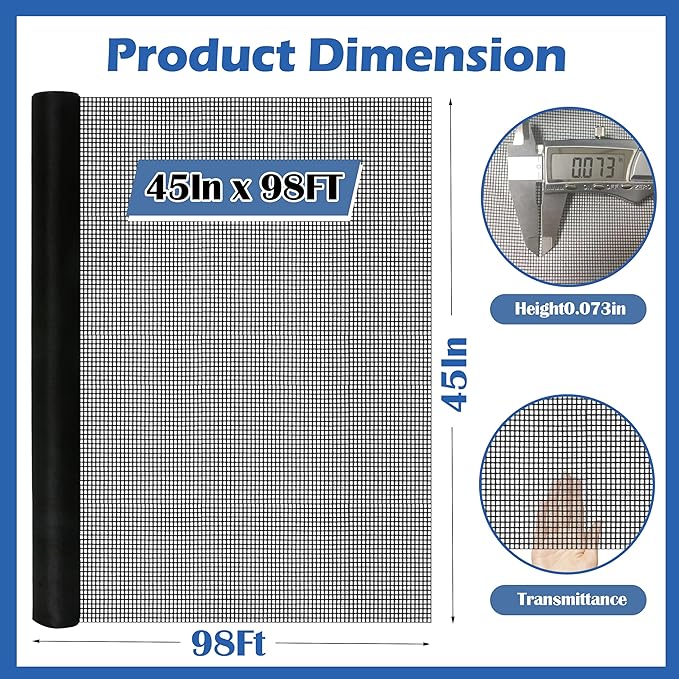 Fiberglass Window Screen Roll 45 in x 98 ft DIY Custom Pet Proof Screen Porch Screen for Outdoor Kitchens Pool Houses