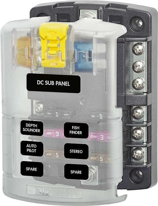 Blue Sea Systems 5025 ST Blade Fuse Block 6 Way Circuits with Negative Bus and Cover, 100 Amps
