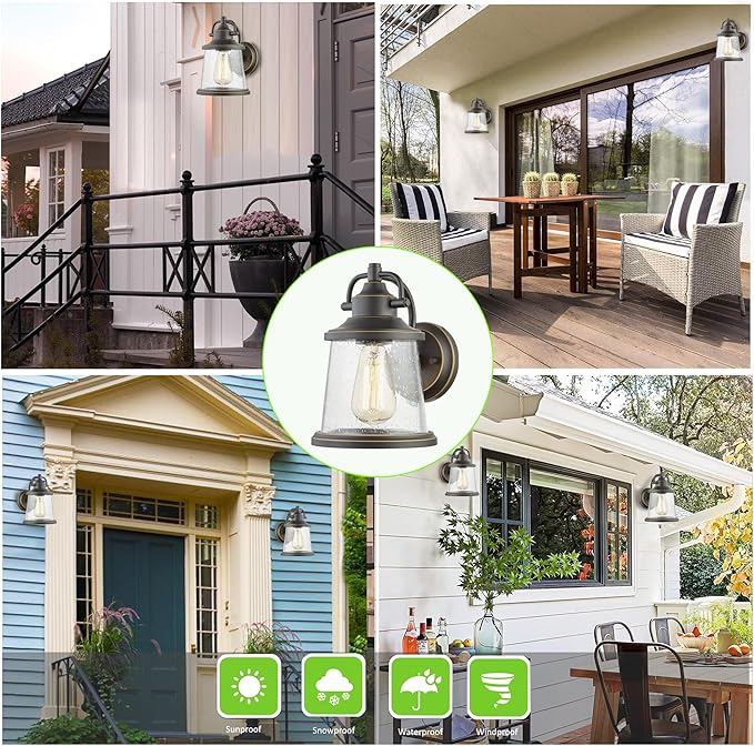 GRUENLICH Outdoor Wall Lantern, Wall Sconce as Porch Lighting Fixture, E26 Medium Base, Metal Housing Plus Seeded Glass, Oil Rubbed Bronze Finish, Bulb Not Included, 1-Pack
