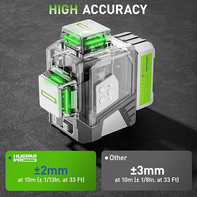 HueparPro Laser Level 3 x 360 Self Leveling Green Beam Laser Tool, High Accuracy Professional 3D Cross Line Laser with 8000mAh Rechargeable Li-ion Battery, Magnetic Bracket & Hard Carry Case ZK03CG