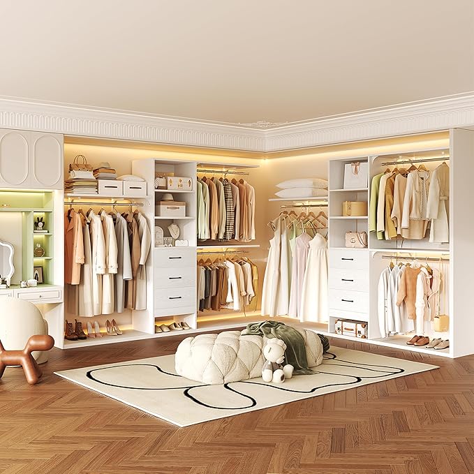 8FT Closet System, 96'' Closet Organizer System with 3 Hanging Rods, Wall Mount Bedroom Wardrobe with 3 Drawers Walk-in Closet, Adjustable Cloth Garment Rack from 5 to 8FT (Cut to Fit), White&Grey Oak