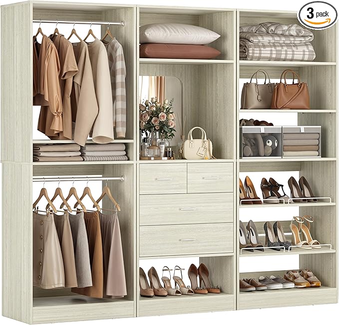 Unikito 75” Closet System with Drawers, 6.2FT Wood Closets Organizer with Hanging Rods and Mirror, Reversible Large Walk in Closet Wardrobe Garment Rack with Shoe Shelves, White Oak