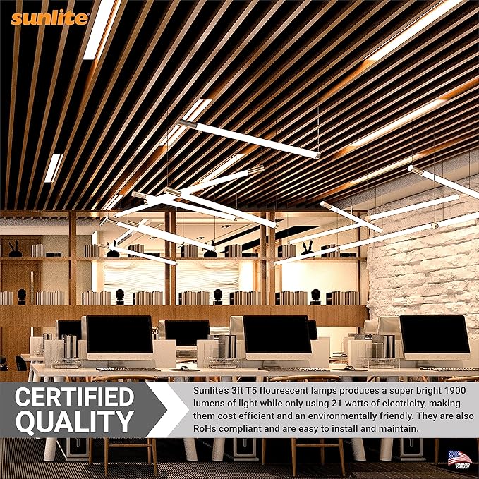 Sunlite 30315 F21T5/830 3 Foot T5 Linear Fluorescent Lamp, 21 Watts, 1900 Lumens, 3000K Warm White, Miniature G5 Bi-Pin Base, ROHS Compliant, High Performance Straight Tube, 40 Pack