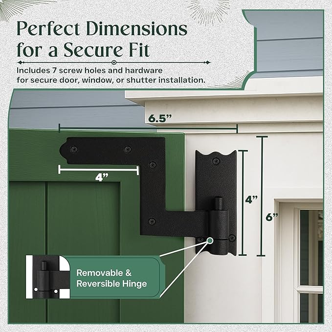 Renovators Supply Manufacturing - Heavy-Duty Black Wrought Iron Shutter Lift Off Pintle Hinges Colonial Pin Reversible for Doors, Window and Shutters with Hardware 6 1/2 Inches, Pack of 12 Pairs