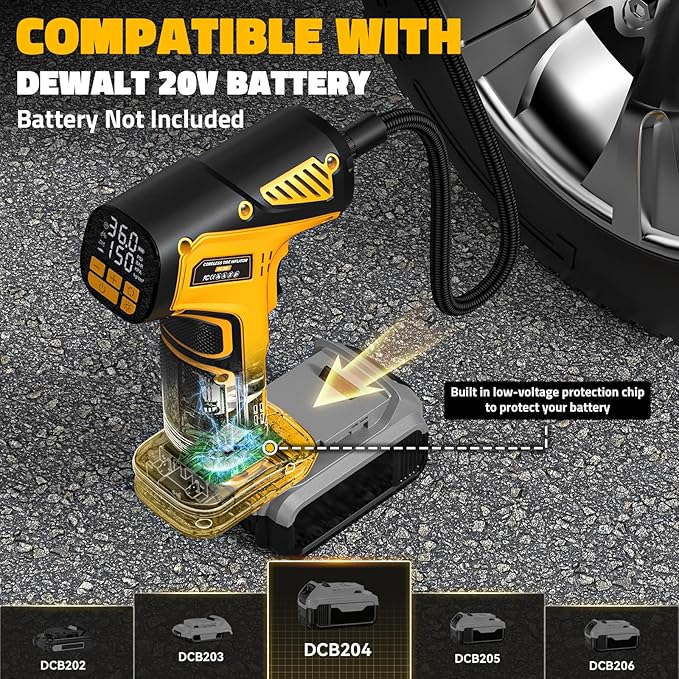 150PSI Tire Inflator Portable Air Compressor: Cordless Air Pump Compatible with Dewalt 20V Battery - Car Tire Pump with Digital Pressure Gauge & LED Light for Auto, Motorcycles(Bare Tool)