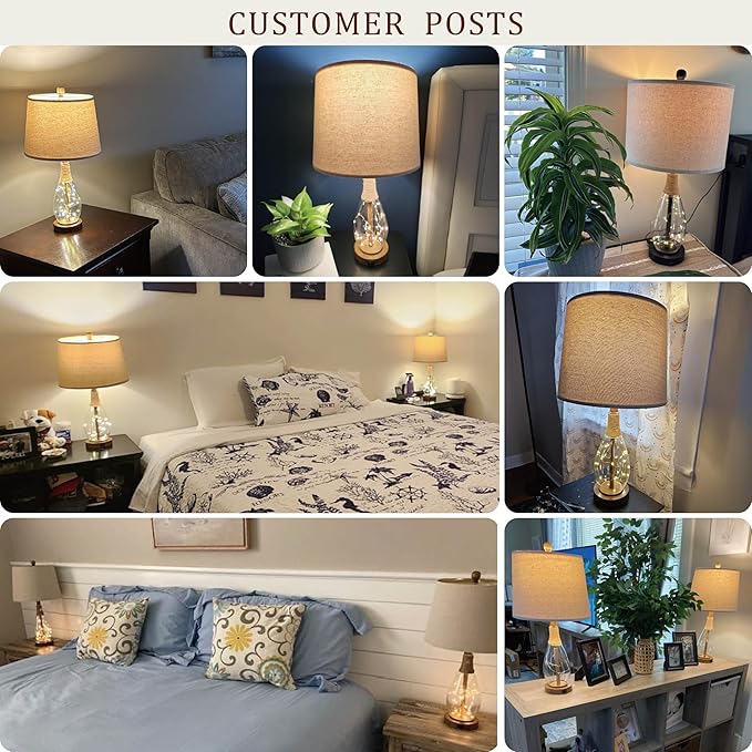 OYEARS 23" Table Lamps for Living Room Set of 2 Bedside Lamps for Night Stands Bedroom Lamps Farmhouse Rattan Boho Lamp Glass Nightlight End Table Lamp with USB C+A (White),Two Light Points